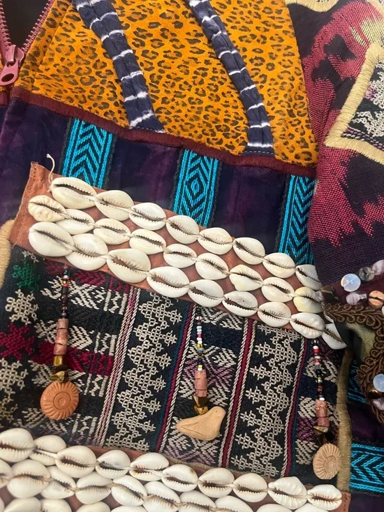 One of a kind. Patchwork Embellished Multicolor Bomber Jacket with Shell Accents - Picture 3 of 16